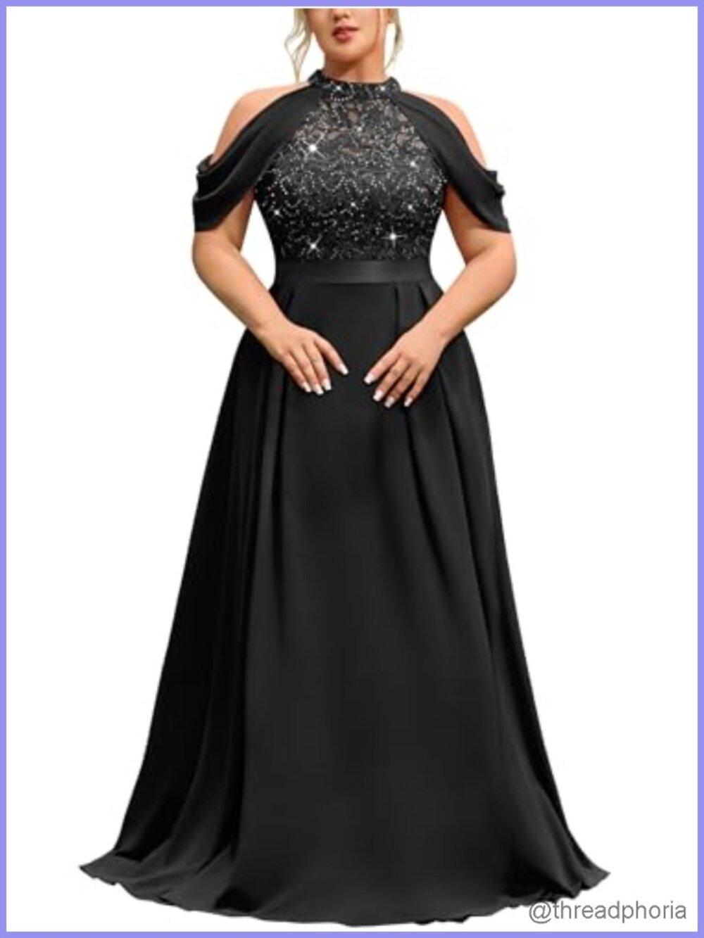Plus Size Formal Halter Cape Sleeve Sequin Lace Maxi Dress Wedding Guest